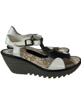 Fly London Yima Colorblock Leather Platform Wedge Sandals Euro 40 Bohemian